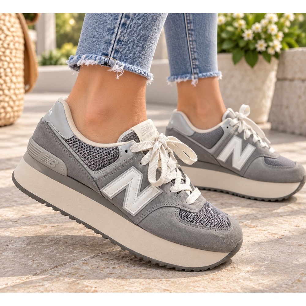 New Balance 574 Platform Sneakers Women's 8 Gray Suede Mesh Chunky GUC